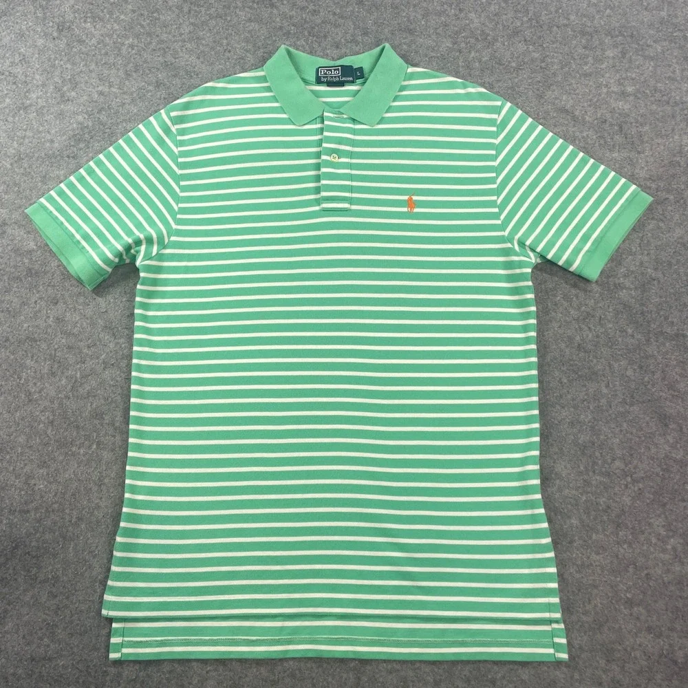 Polo Ralph Lauren Mens Polo Shirt L Green and White Striped Short Sleeve